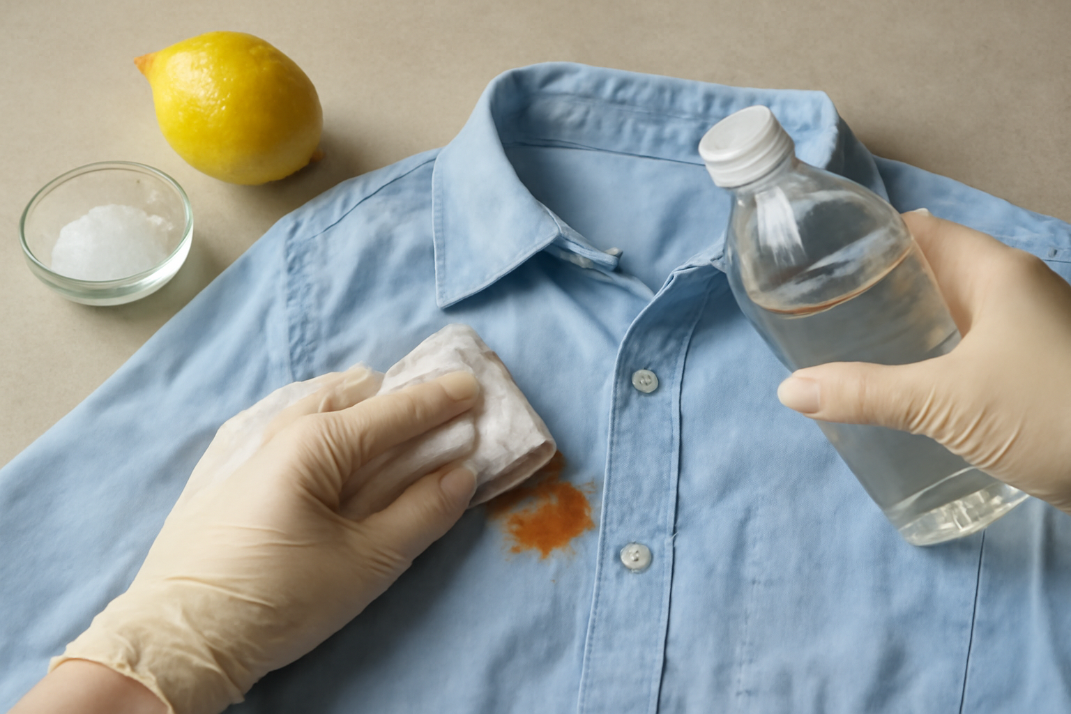 Imagen editorial: Cómo quitar manchas de óxido de una camisa de algodón de color: métodos para manchas frescas y secas
