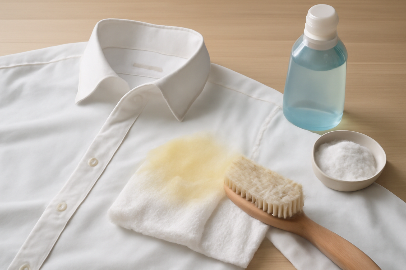 Imagen editorial: Cómo quitar manchas de sudor amarillas de una camisa blanca de algodón: métodos para manchas frescas y secas