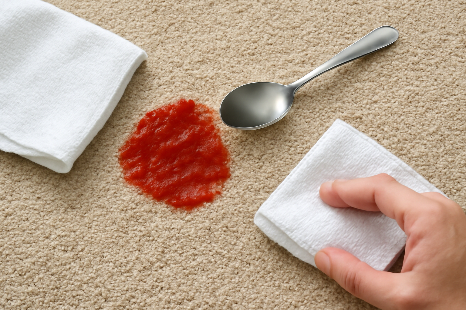 Imagen editorial: Cómo quitar una mancha de salsa de tomate de una alfombra de polipropileno: métodos para manchas frescas y secas