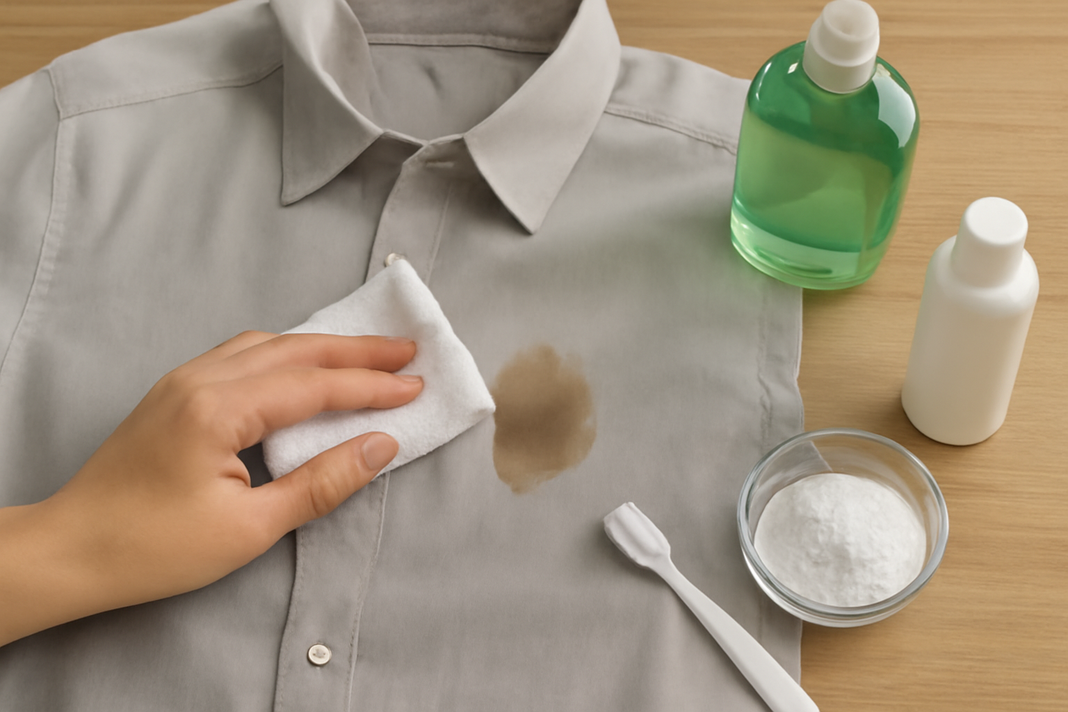 Imagen editorial: Cómo quitar una mancha de grasa de una camisa de poliéster: métodos para manchas frescas y secas