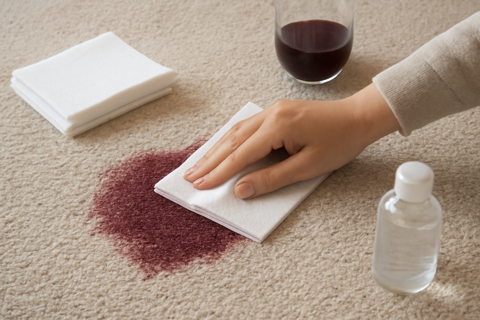 Imagem editorial: Como tirar mancha de vinho tinto de carpete claro: guia para mancha fresca e seca