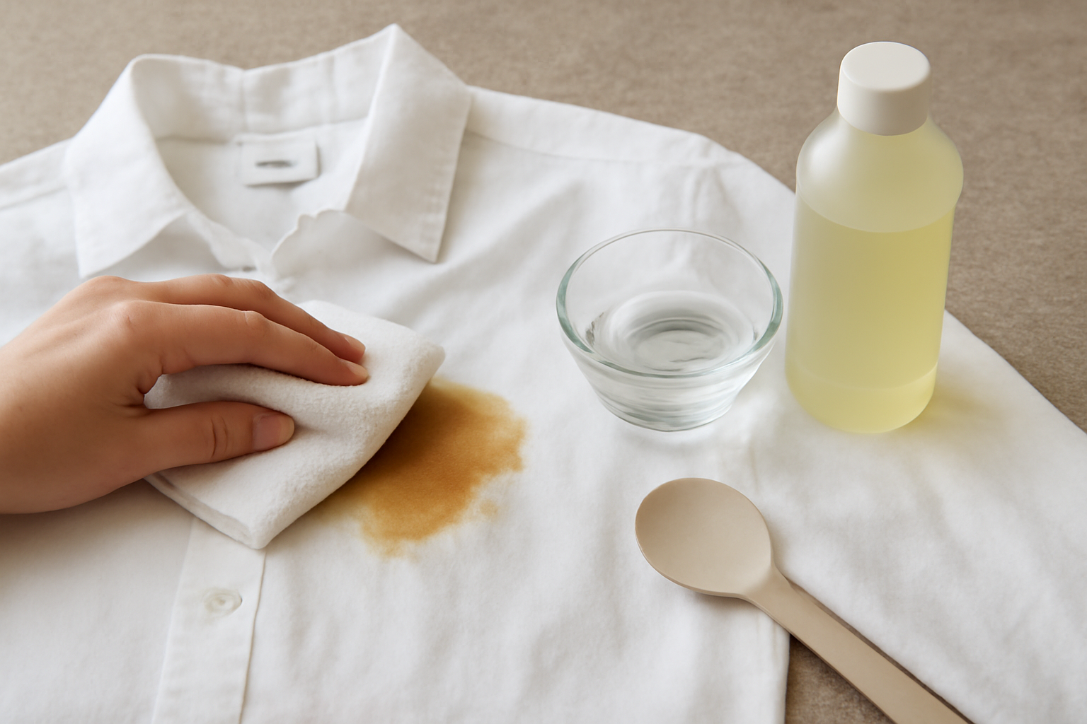 Imagen editorial: Cómo quitar una mancha de café de una camisa blanca de algodón: métodos para manchas frescas y secas