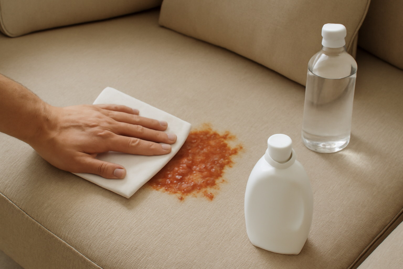 Imagem editorial: Como tirar mancha de molho de tomate de sofá de tecido: guia para mancha fresca e seca