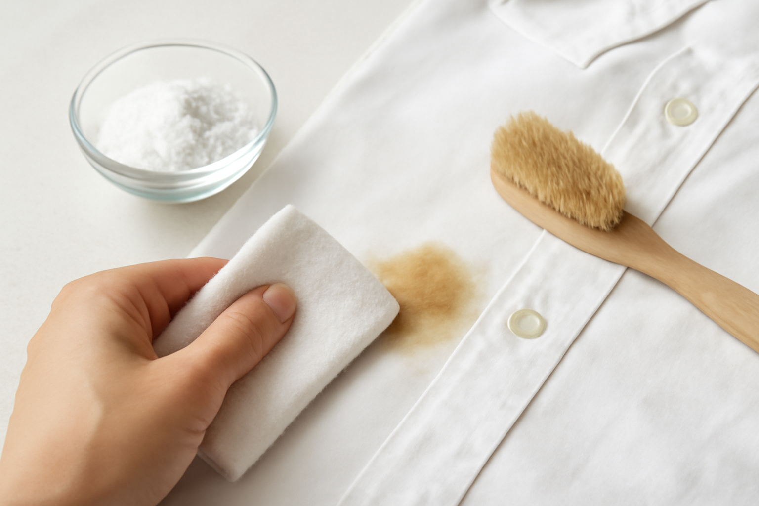 Imagen editorial: Cómo quitar una mancha de grasa de una camisa de algodón blanco: métodos para manchas frescas y secas