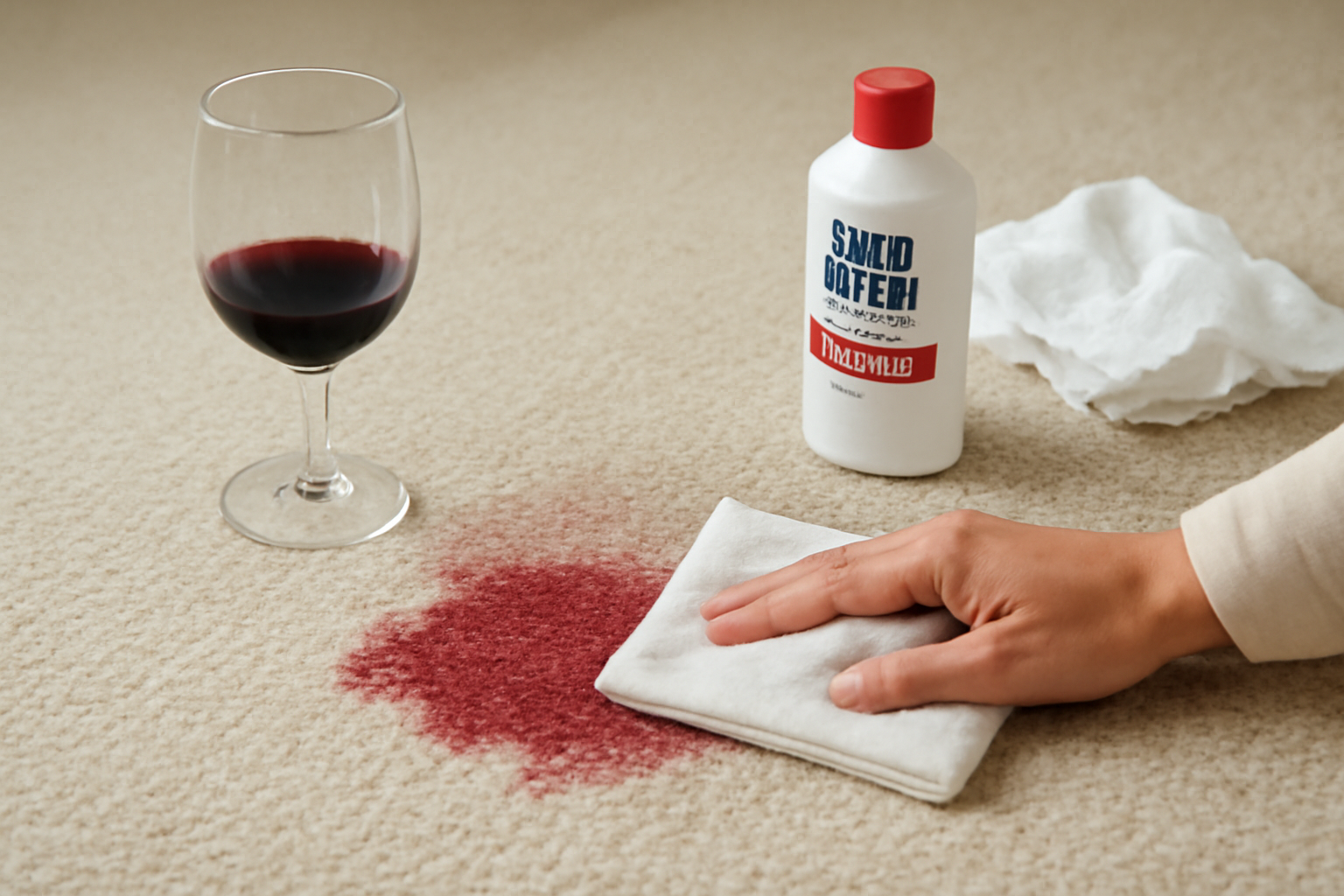 Imagen editorial: Cómo quitar una mancha de vino tinto de una alfombra de poliéster: guía para manchas frescas y secas