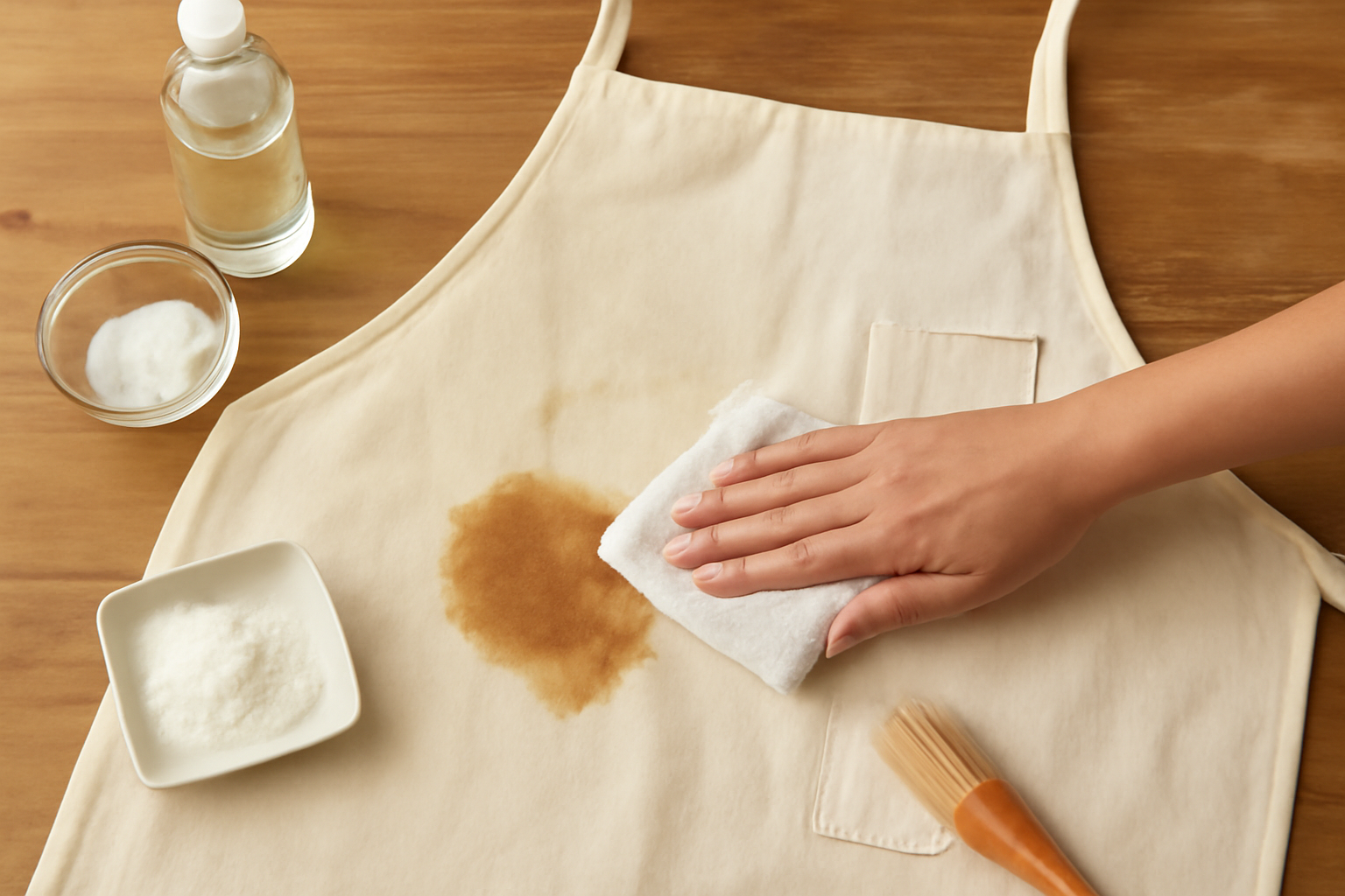 Imagem editorial: Como tirar mancha de óleo de cozinha de avental de algodão: guia para mancha fresca e seca