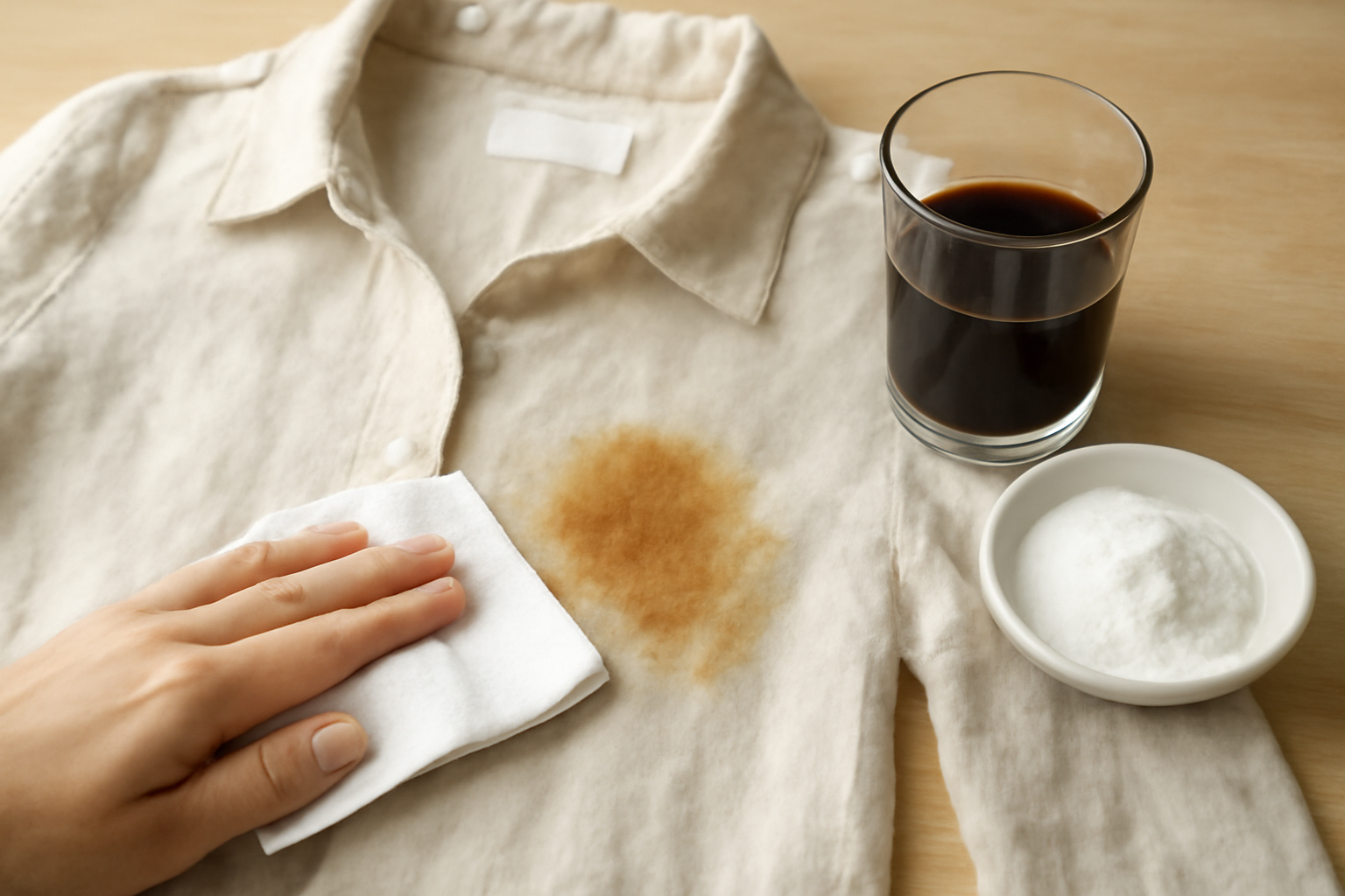 Imagem editorial: Tirar mancha de café de camisa de linho: guia para mancha fresca e seca