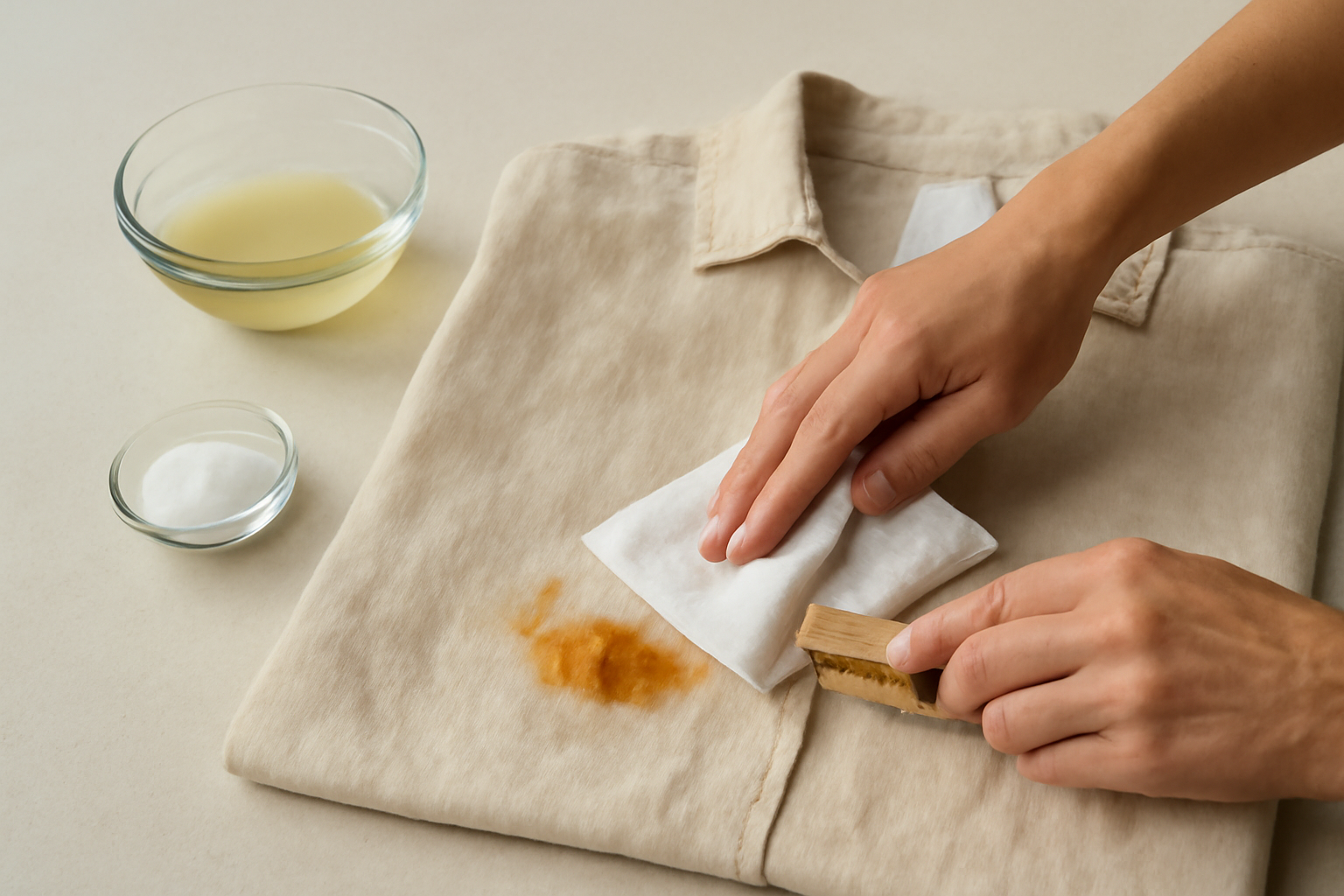 Imagen editorial: Cómo quitar una mancha de óxido de una camisa de lino: métodos para manchas frescas y secas