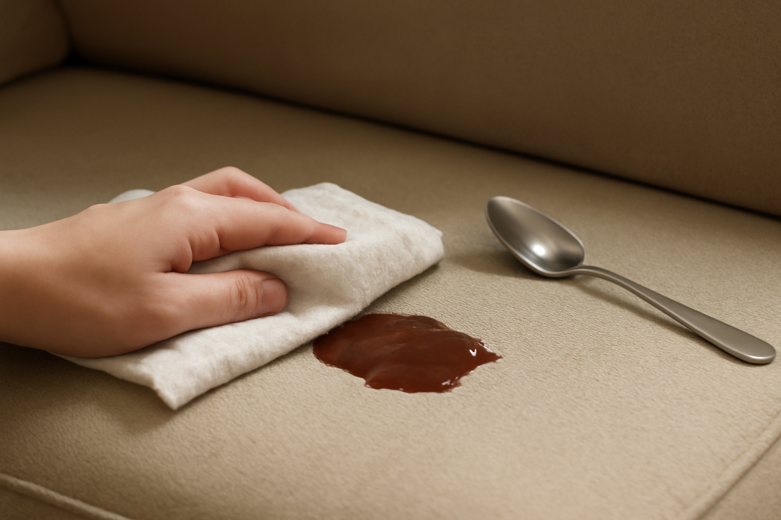 Imagem editorial: Como tirar mancha de chocolate de sofá de tecido: guia para mancha fresca e seca