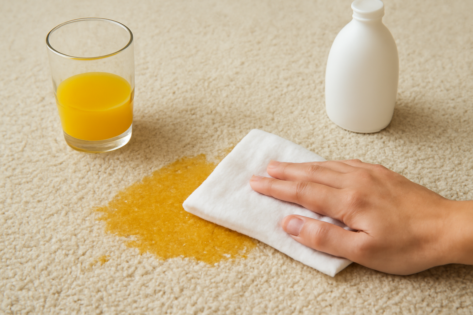 Imagem editorial: Tirar mancha de suco de laranja de carpete claro: guia para mancha fresca e seca