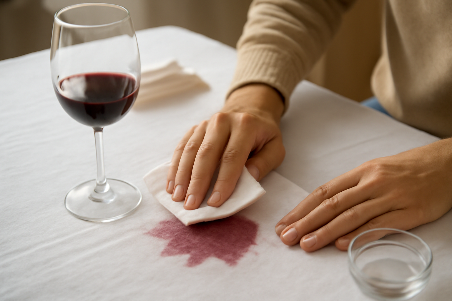 Imagem editorial: Tirar mancha de vinho tinto de toalha de mesa de algodão: guia para mancha fresca e seca