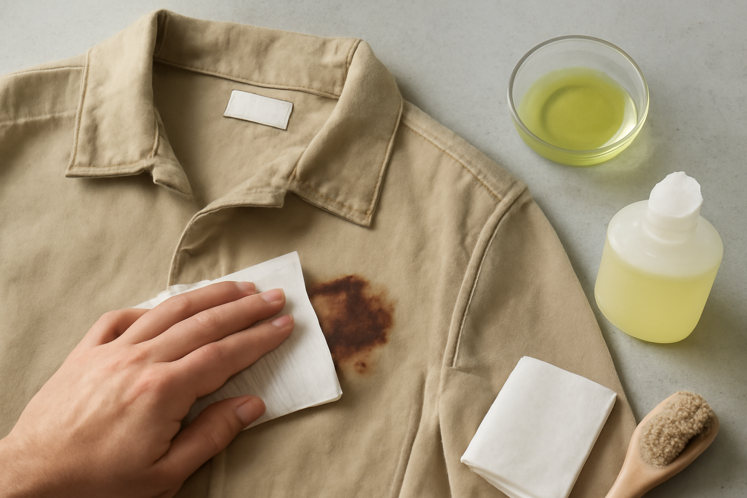 Imagen editorial: Cómo quitar una mancha de aceite de motor de un overol de algodón: métodos para manchas frescas y secas
