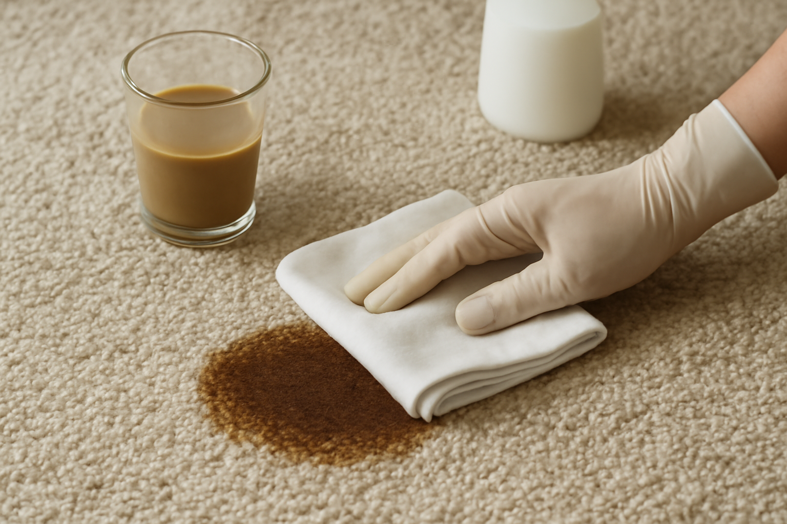 Imagem editorial: Como tirar mancha de café com leite de carpete claro: guia para mancha fresca e seca