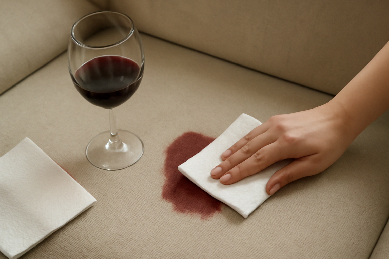 Imagem editorial: Tirar mancha de vinho tinto de sofá de tecido: guia para mancha fresca e seca