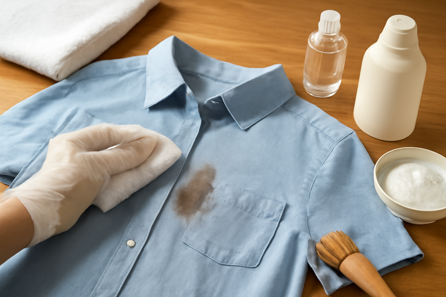 Imagen editorial: Cómo quitar una mancha de grasa de una camisa de algodón de color: métodos para manchas frescas y secas