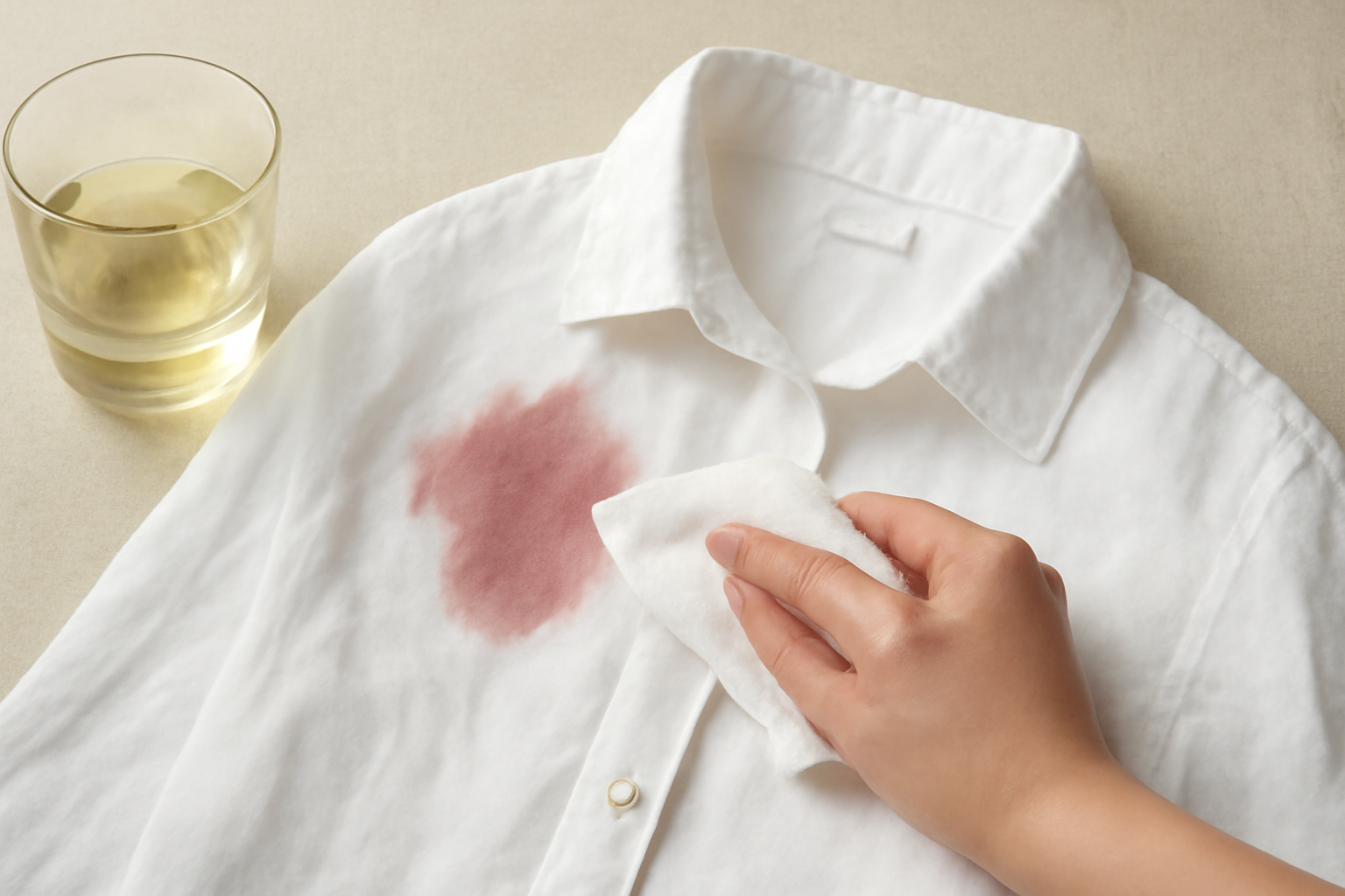 Imagem editorial: Tirar mancha de vinho branco de camisa de linho: guia para mancha fresca e seca