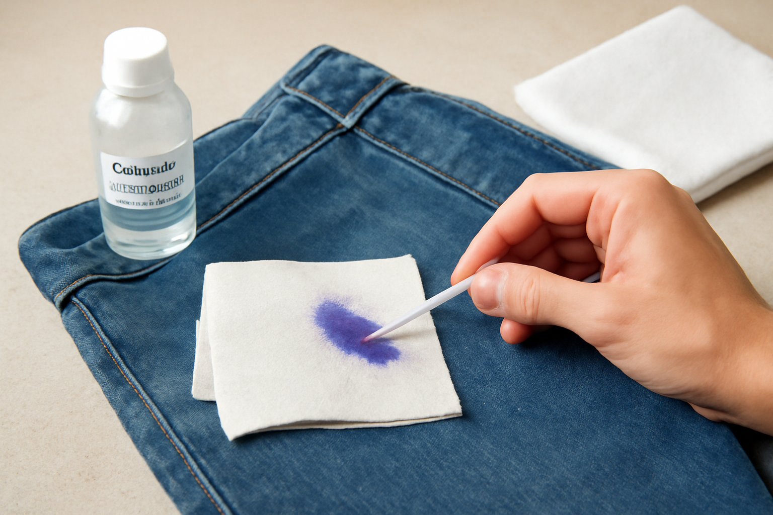 Imagem editorial: Tirar mancha de caneta esferográfica de calça jeans: guia para traço fresco e seco