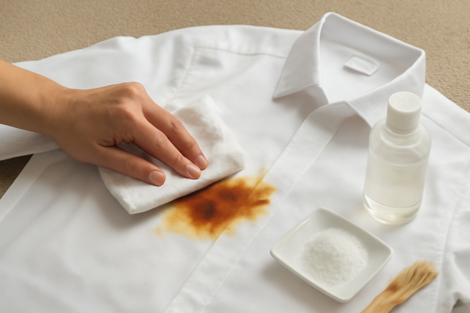 Imagen editorial: Cómo quitar una mancha de salsa de soja de una camisa de poliéster: métodos para manchas frescas y secas