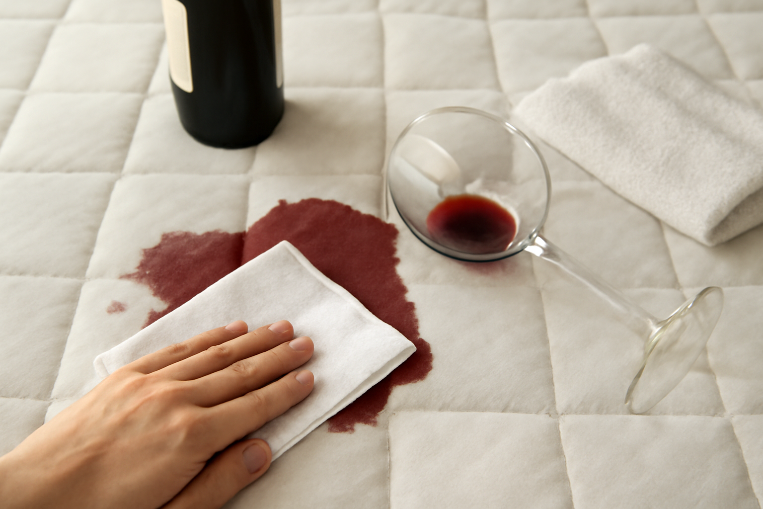 Imagen editorial: Cómo quitar una mancha de vino tinto de un colchón: métodos para manchas frescas y secas