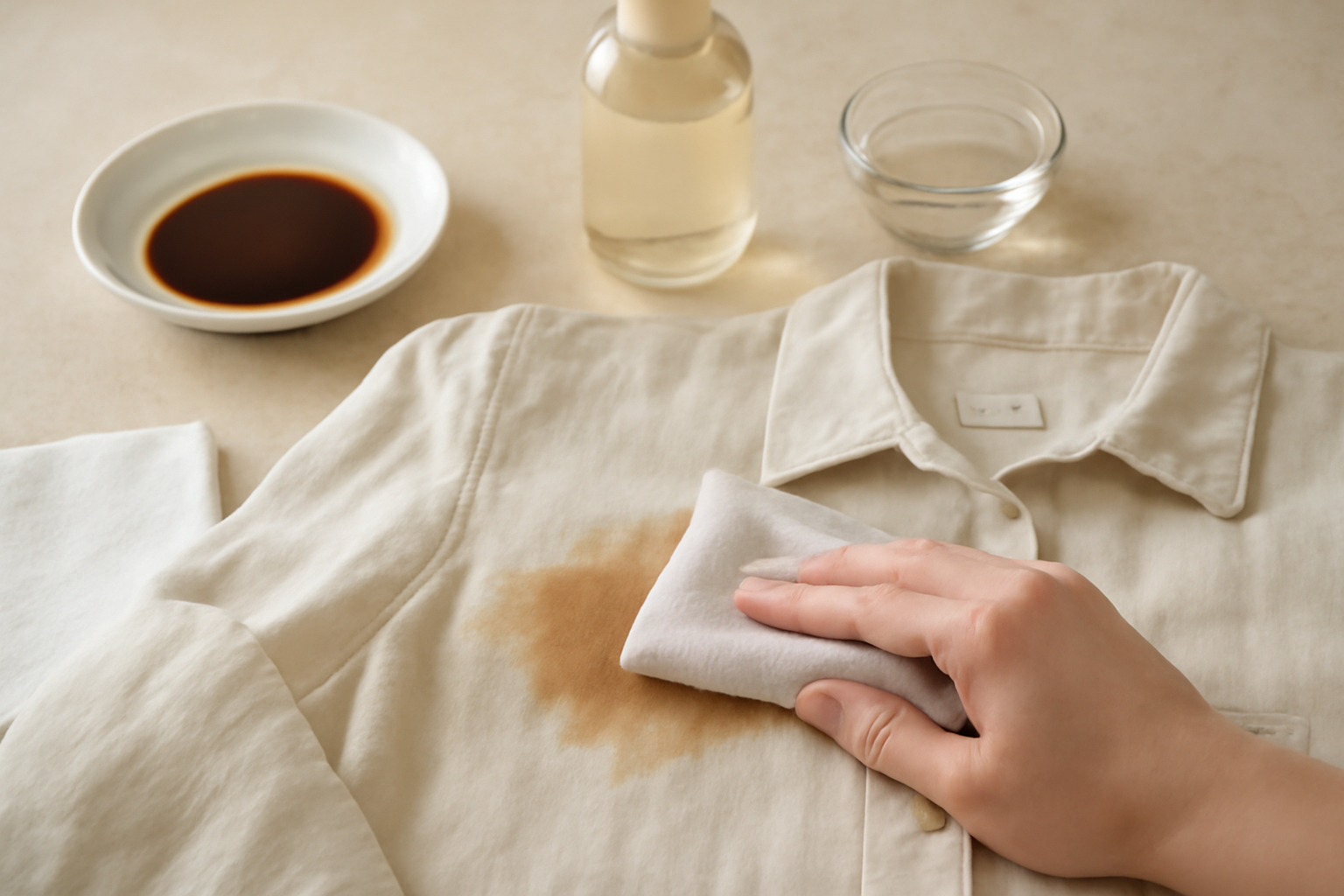 Imagen editorial: Cómo quitar una mancha de café de una camisa de lino: métodos para manchas frescas y secas