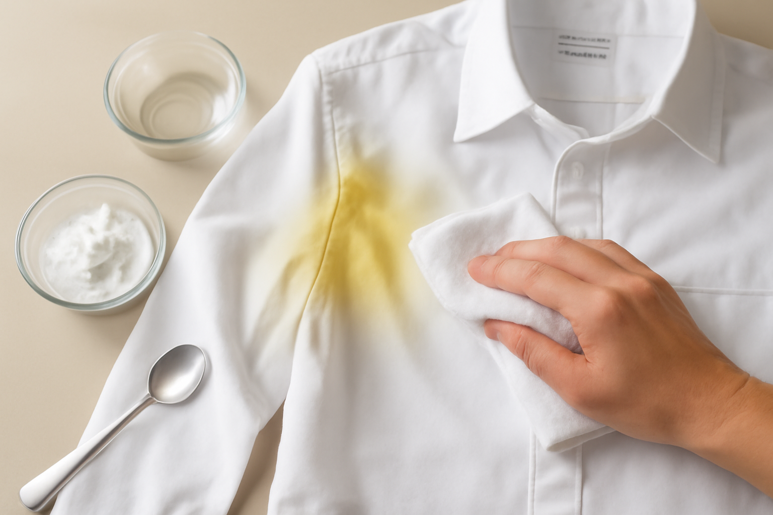 Imagen editorial: Cómo quitar manchas de sudor amarillo de una camisa blanca de algodón: métodos para manchas frescas y secas