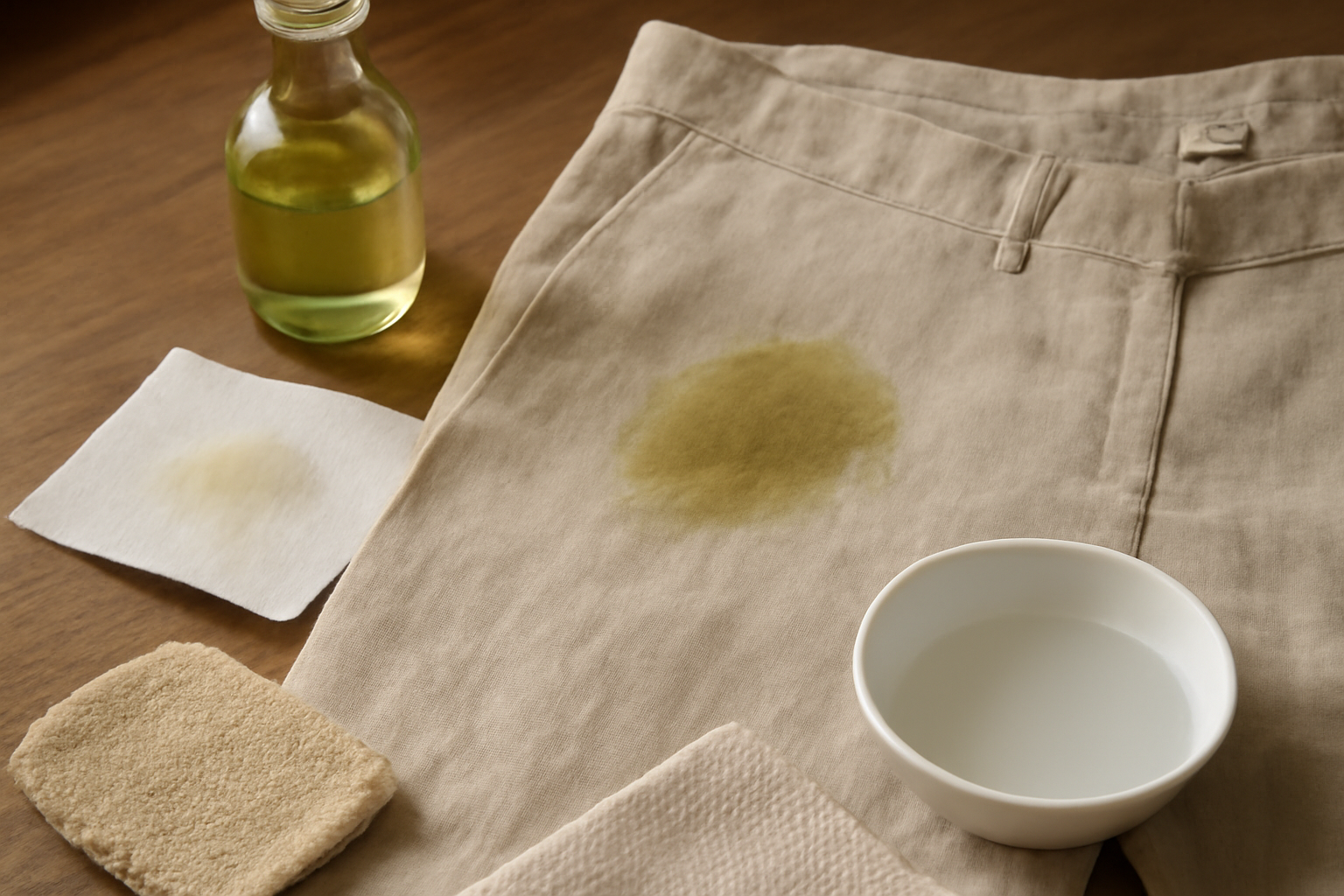 Imagen editorial: Cómo quitar una mancha de aceite de oliva de un pantalón de lino: métodos para manchas frescas y secas