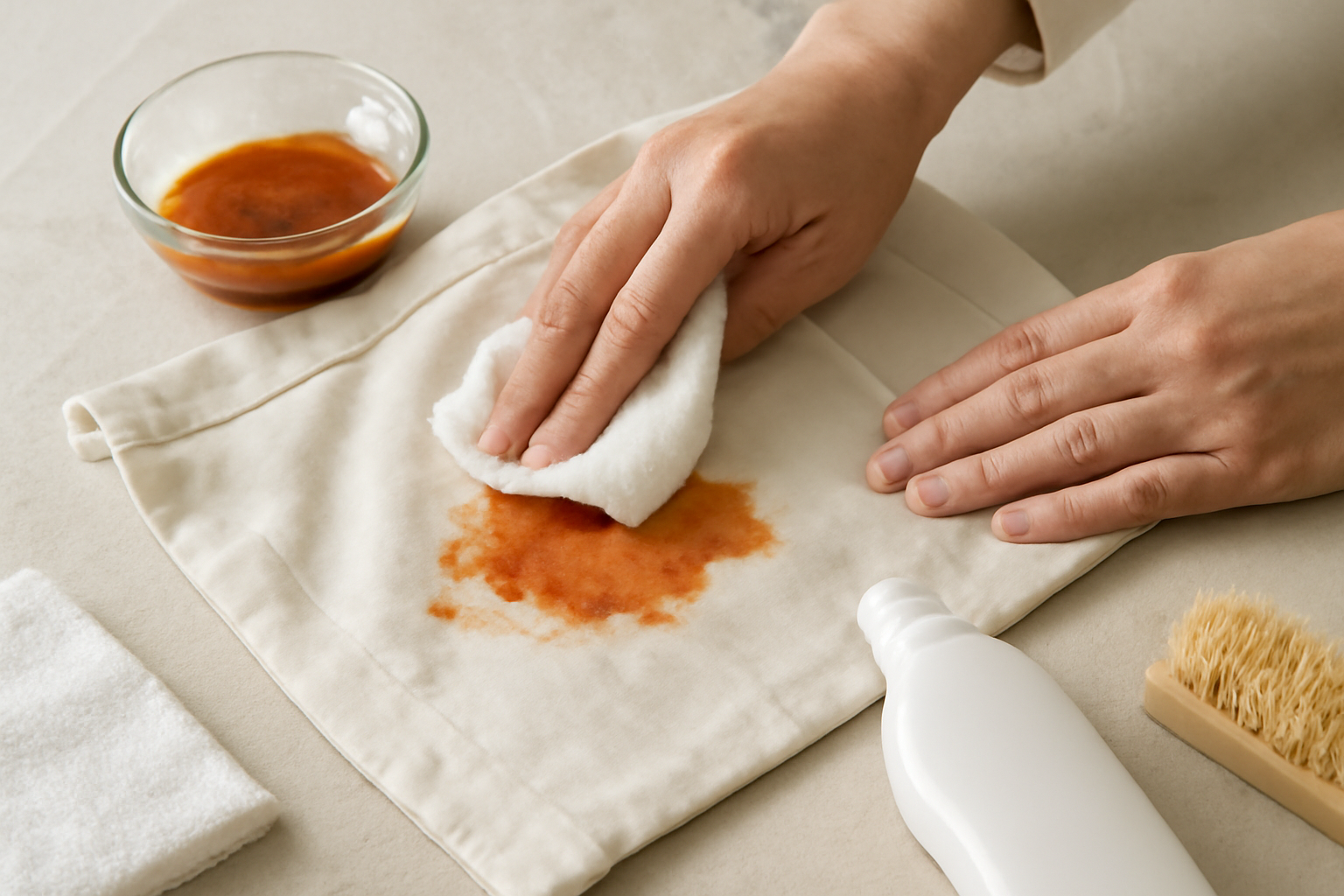 Imagen editorial: Cómo quitar una mancha de salsa de tomate de una camisa de algodón de color: métodos para manchas frescas y secas