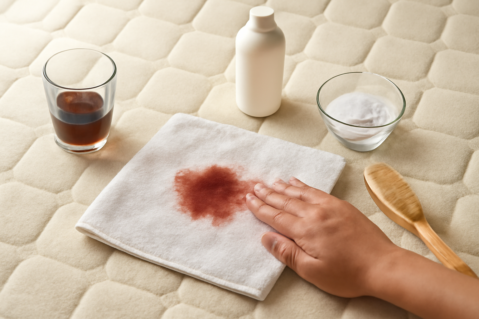 Imagem editorial: Tirar mancha de sangue de colchão: guia para mancha fresca e seca